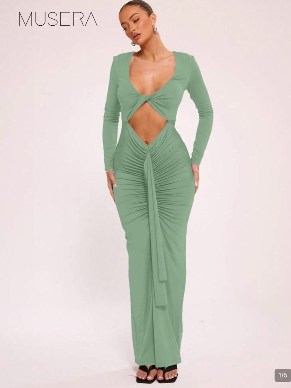 Muse Sage Green Long Sleeve Cutout Ruched Maxi Gown
